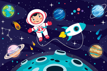Astronauta, cohete y planetas