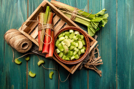 Rhubarb in a wooden box
