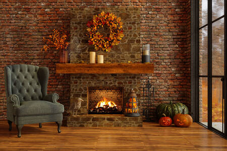 Woonkamerinterieur met pompoenen