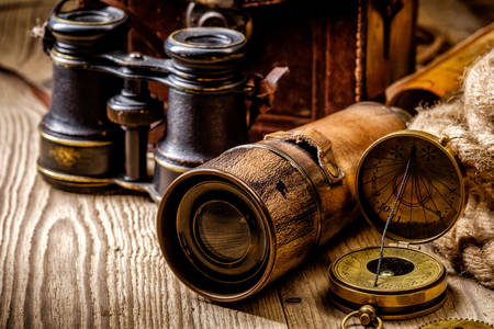 Old items on a wooden table