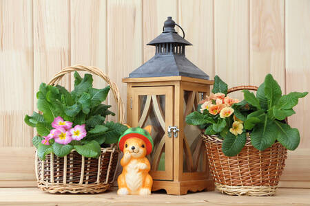Primroses and garden lamp
