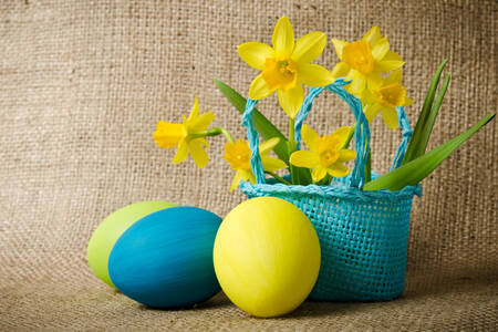 Easter eggs and daffodils