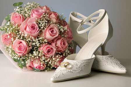 Bridal bouquet, shoes and rings