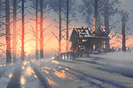 Elhagyott ház téli erdőben