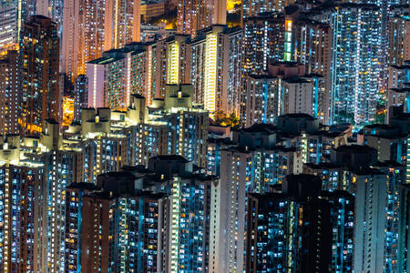 Wieżowce Hongkongu nocą