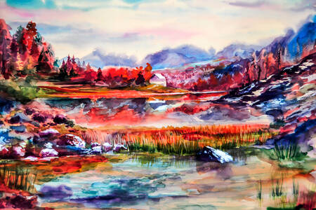 Tájkép hegyekkel és tavakkal