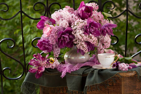 A bouquet of lilacs and tulips