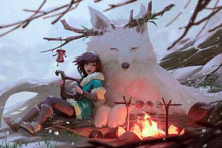 Garota com um lobo branco