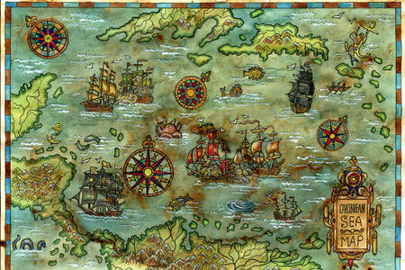 Mapa antiguo con barcos piratas