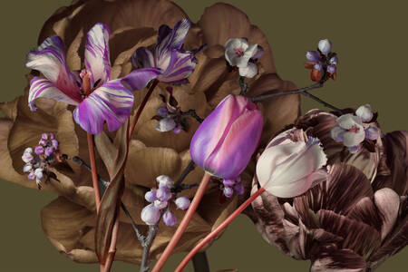 Tulipes violettes et fleur de pommier