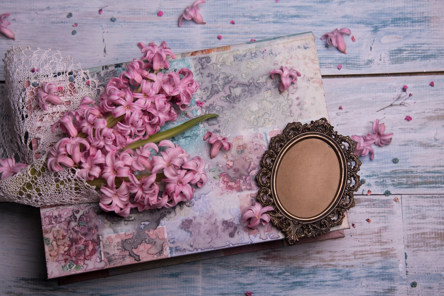 Pink hyacinths on an old album