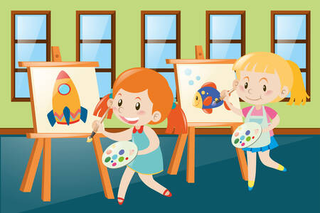 Girls painting on canvases