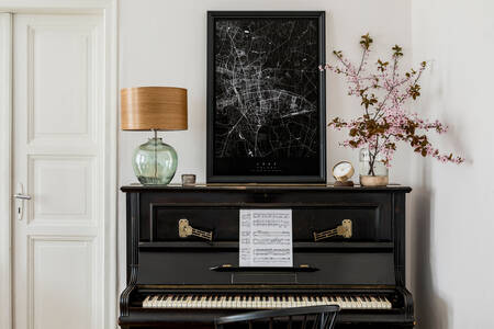 Black piano in the living room