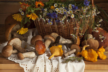 Košík s květinami a lesními houbami