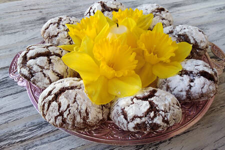 Påskeliljer på cookies med chokoladestykker