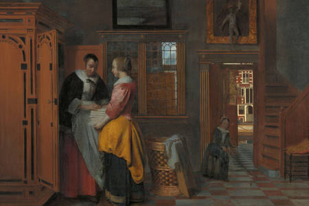 Pieter de Hooch: "Wnętrze z kobietami obok szafki na bieliznę"