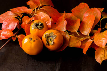 Kesemek di atas daun musim gugur