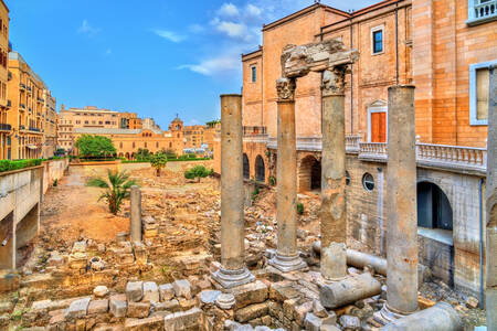 Ruins of the Roman Forum and a colonnade in the center of Beirut