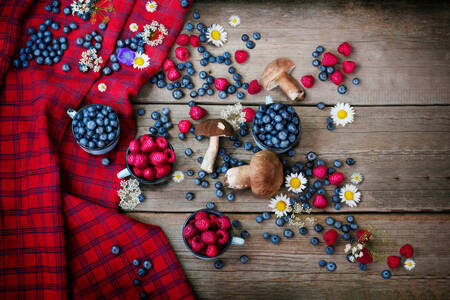 Berries and mushrooms on the table