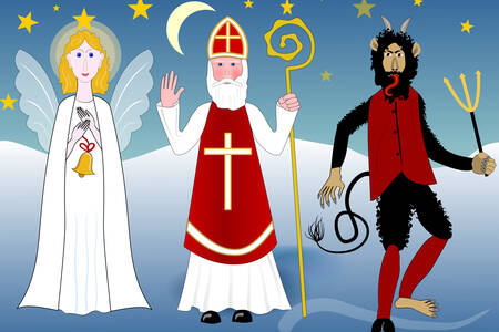 Santo Nikolas dengan malaikat dan Krampus
