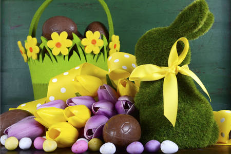 Rabbit, tulips and easter eggs