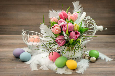 Bouquet of tulips and Easter eggs