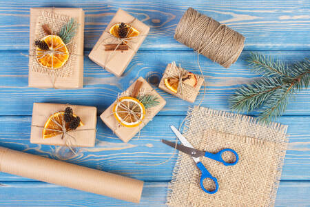 Gifts on wooden background