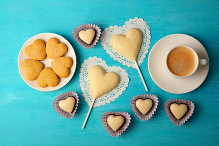 Heart shaped candies and cookies