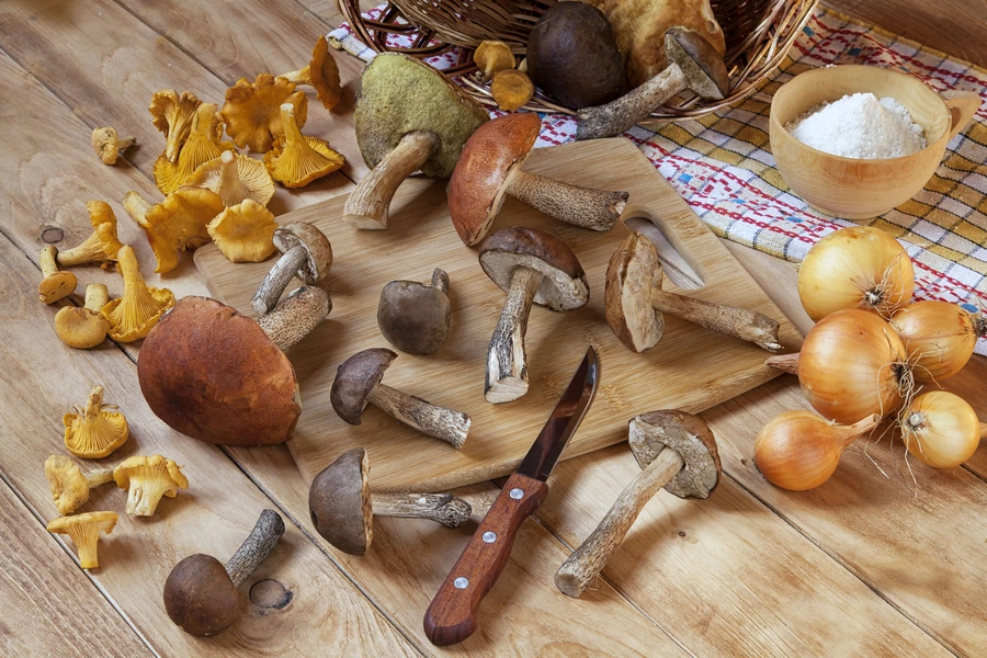 Forest mushrooms on a board