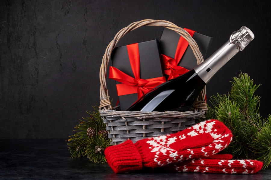 Basket with champagne and gifts