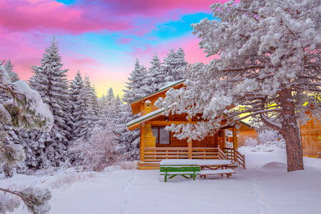 Ház egy havas erdőben