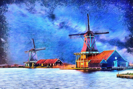 Windmills by the water