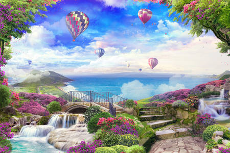 Вид з саду на повітряні кулі в небі