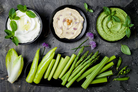 Green vegetables with various sauces