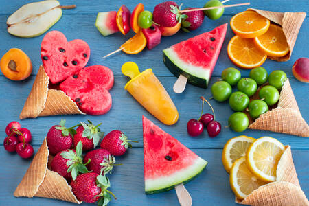 Fruits, berries and ice cream