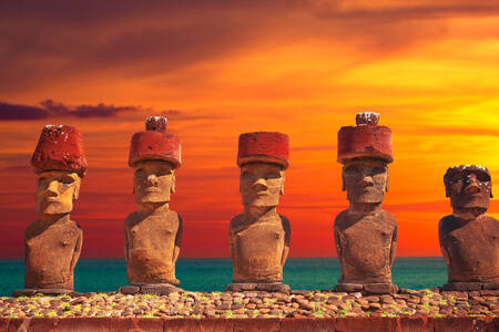 Ahu Tongariki against the backdrop of a sunset