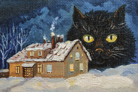 雪に覆われた家の近くの黒い猫