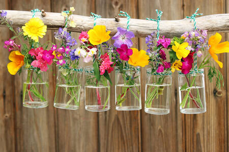 Flores em vasos de vidro