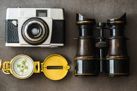 Camera, compass and binoculars