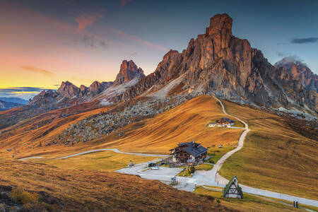 Dawn over a pass in the Dolomites