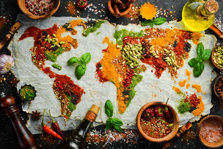 Карта світу, зроблена з різних спецій та трав