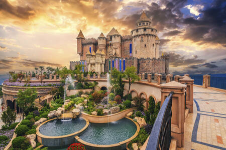 A castle against the backdrop of a sunset