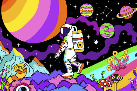 Kosmonaut på en flerfärgad planet