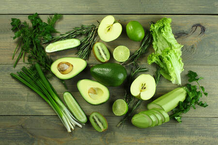 Green vegetables and fruits on the table