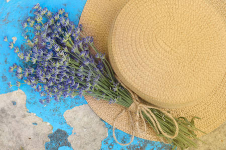 Lavender bouquet and straw hat