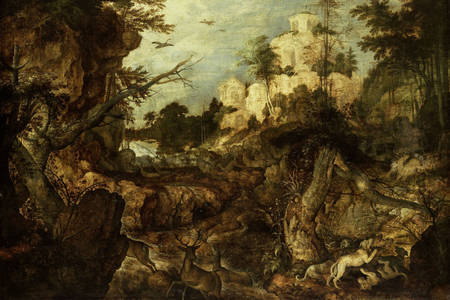 Roelant Saverei: "Rocky landscape with wild boar hunting"