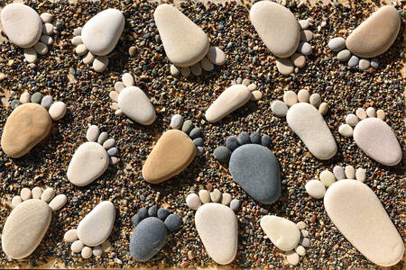 Stenen voetafdrukken op het strand