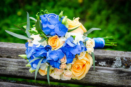 Wedding bouquet of blue hydrangeas