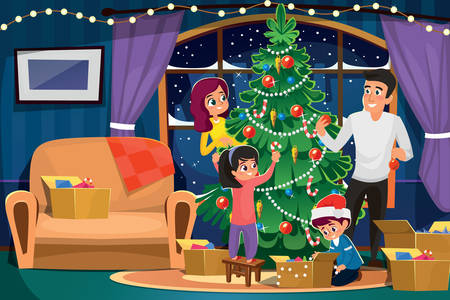 Family decorate christmas tree