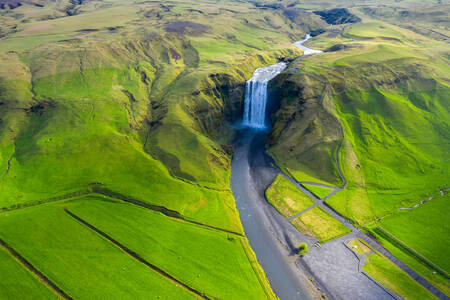 Aerial view of Skógafoss waterfall